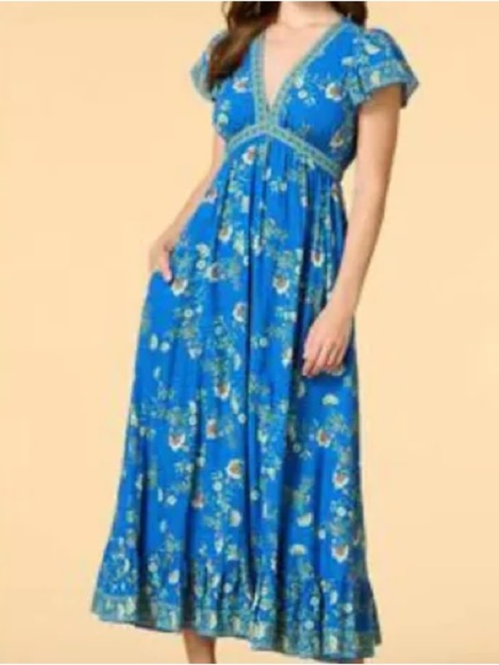 MAX STUDIO LONDON Tiered Blue Floral Maxi Dress with V-Neck and Pockets Sz
Small